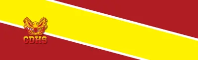 red and yellow striped banner with the Campbellford District High School logo