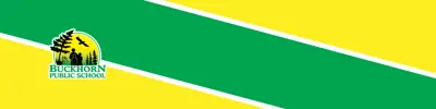 yellow and green striped banner with Buckhorn Public School logo