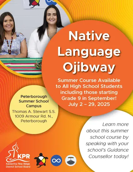 Orange and Yellow flyer. Summer school course available to learn Native Language Ojibway