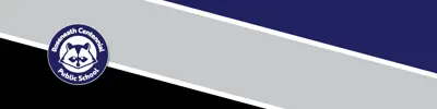 black gray and blue striped banner with Roseneath Public School logo