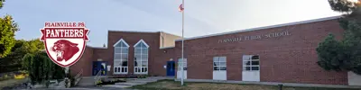 exterior picture of Plainville Public School and their logo