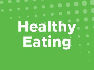 Green banner with Healthy eating written on it