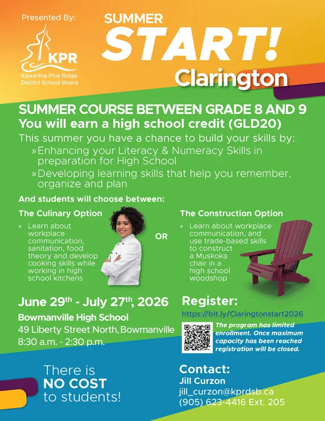 Start to Summer Clarington flyer.  Yellow, green and blue.  Describes the options for summer school for Grade 8s going into Grade 9