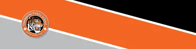 gray orange and black striped banner with Smithfield Public School logo