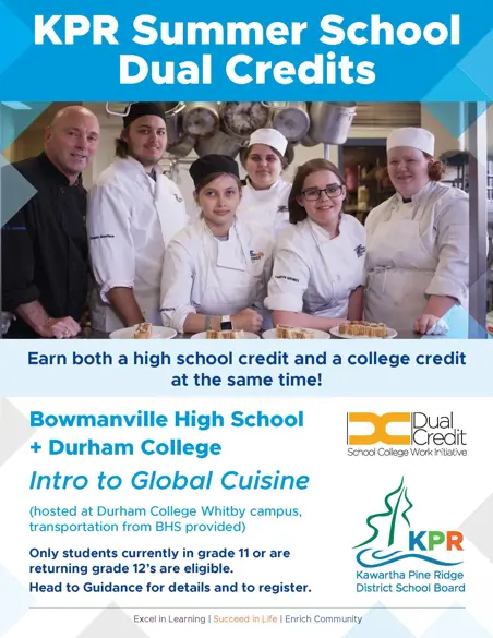 KPR Summer School Dual Credits Culinary Flyer.  A group of students in chefs apron and hat in a kitchen