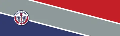 blue, gray and red striped banner with Thomas A. Stewart Secondary School logo
