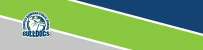gray, green and blue striped banner with Charles Bowman Public School logo