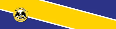 blue and yellow striped banner with M.J. Hobbs Senior Public School logo