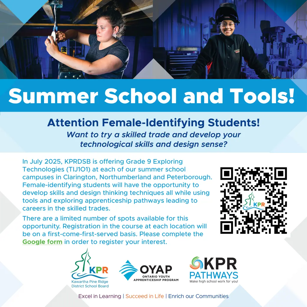 Summer School and Tools Flyer.  Attention female-identifying students interested in working in trades.  Two images of female-identifying students working in the trades.
