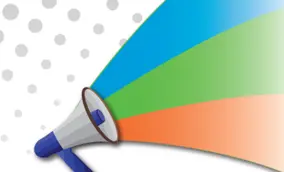 a megaphone with KPR colours Blue, Green and Orange coming out of the large opening