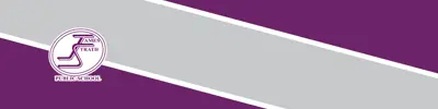 purple and gray striped banner with James Strath Public School logo