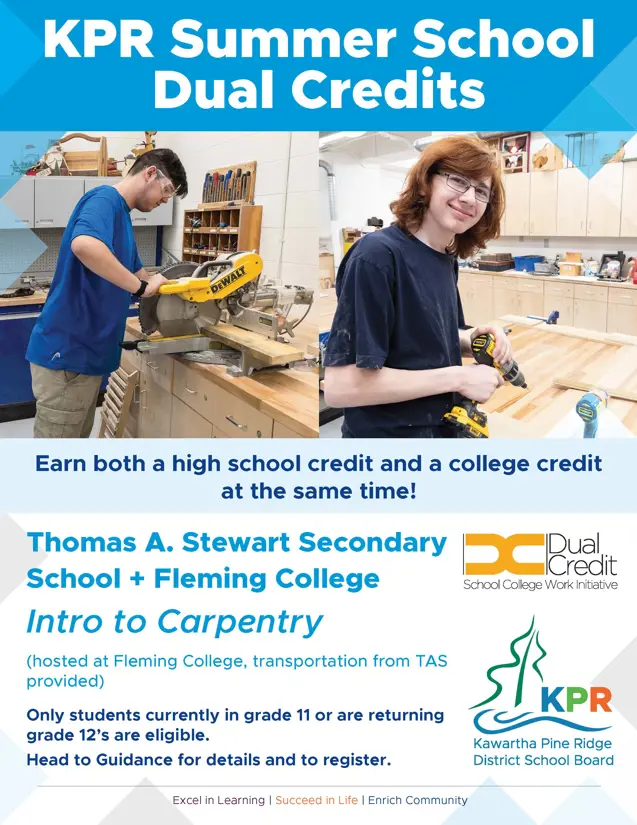 Summer School Dual Credits Flyer.  Blue background with students working in a wood shop